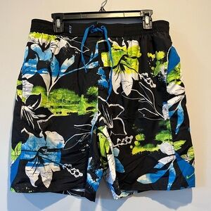 Nike Men's Black, Blue, and Green Floral Swim Shorts